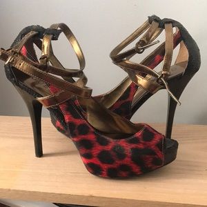 Guess Red cheetah heels with gold straps